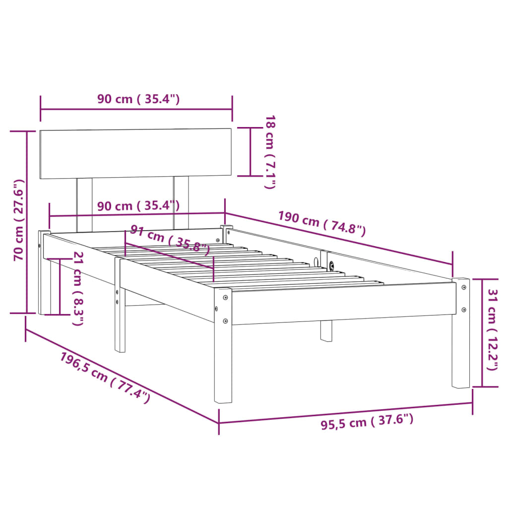 Cadru de pat UK Single, maro miere, 90x190 cm, lemn masiv pin - Lando