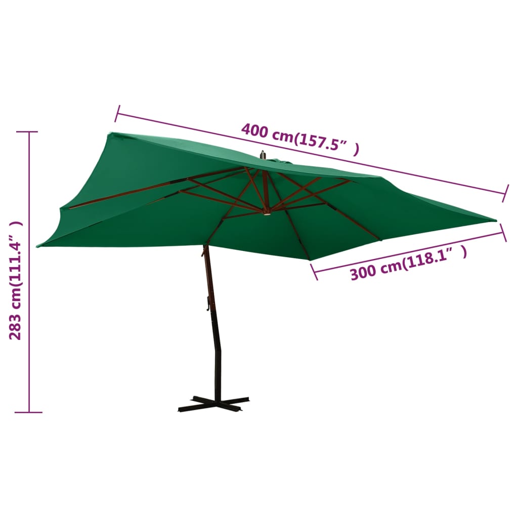 Umbrelă suspendată cu stâlp din lemn, verde, 400x300 cm Lando - Lando