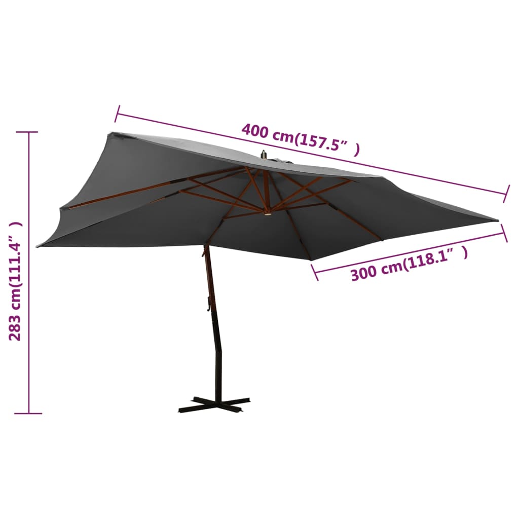 Umbrelă suspendată cu stâlp din lemn, antracit, 400x300 cm Lando - Lando