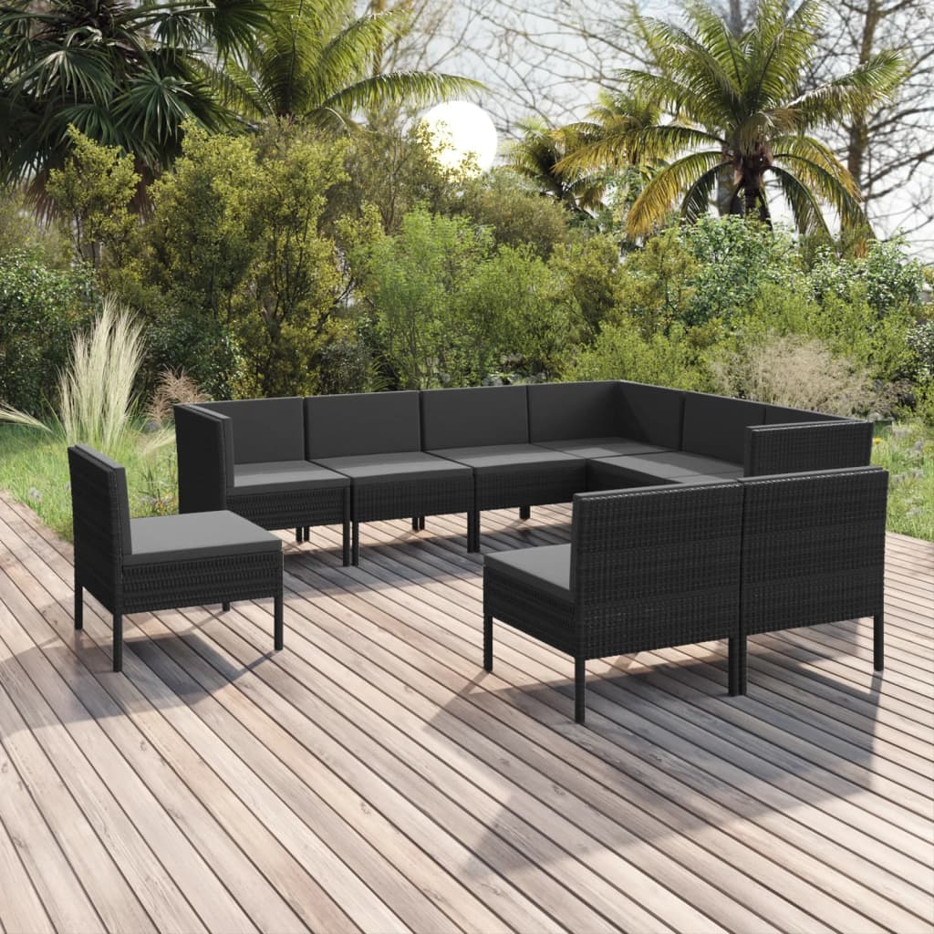 Set mobilier de grădină cu perne, 9 piese, negru, poliratan - Lando