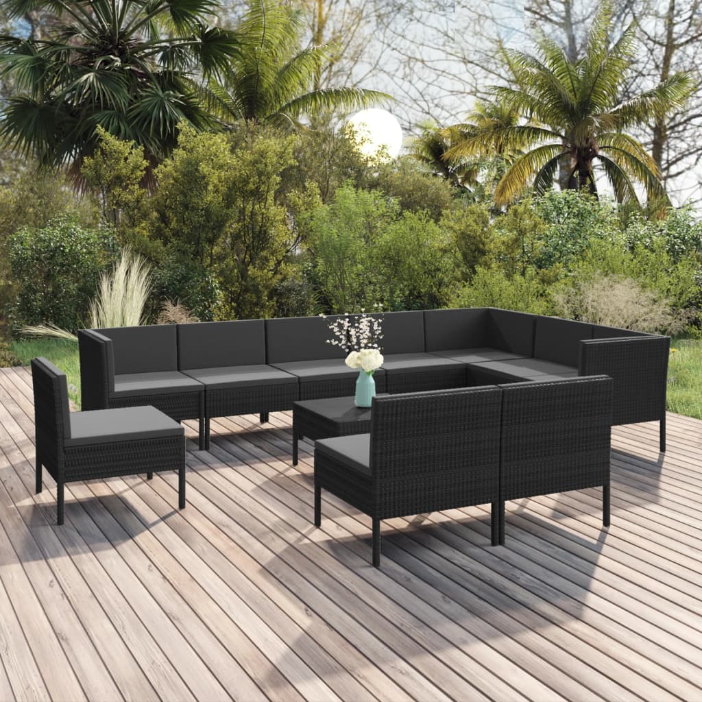 Set mobilier de grădină cu perne, 11 piese, negru, poliratan - Lando
