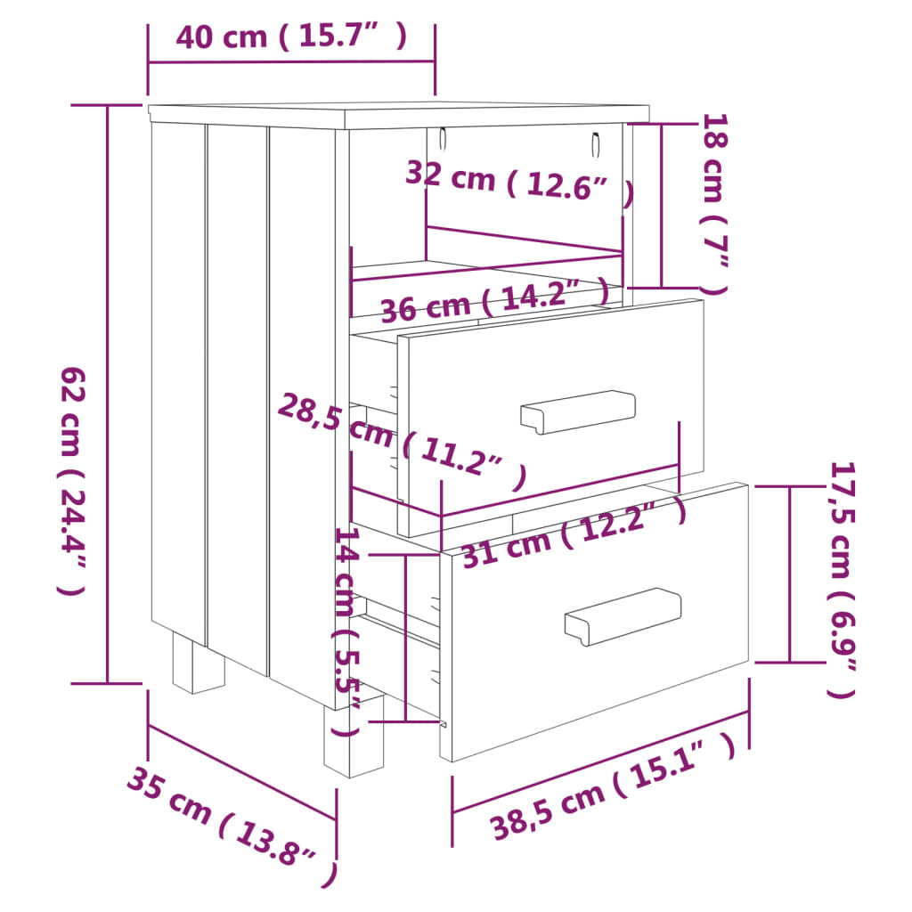 Noptiere HAMAR, 2 buc, alb, 40x35x62 cm, lemn masiv de pin - Lando