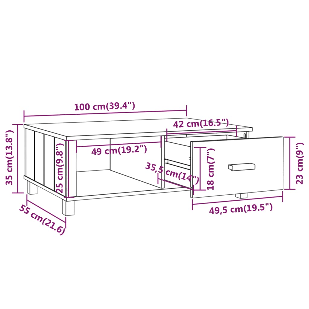 Masă de cafea „HAMAR”, alb, 100x55x35 cm, lemn masiv de pin Lando - Lando