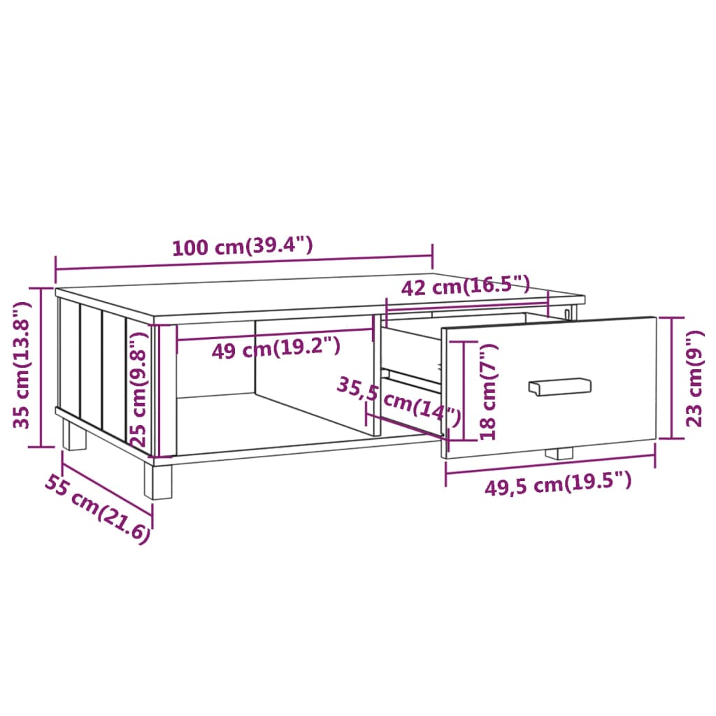 Masă de cafea „HAMAR”, gri închis, 100x55x35 cm, lemn masiv pin Lando - Lando