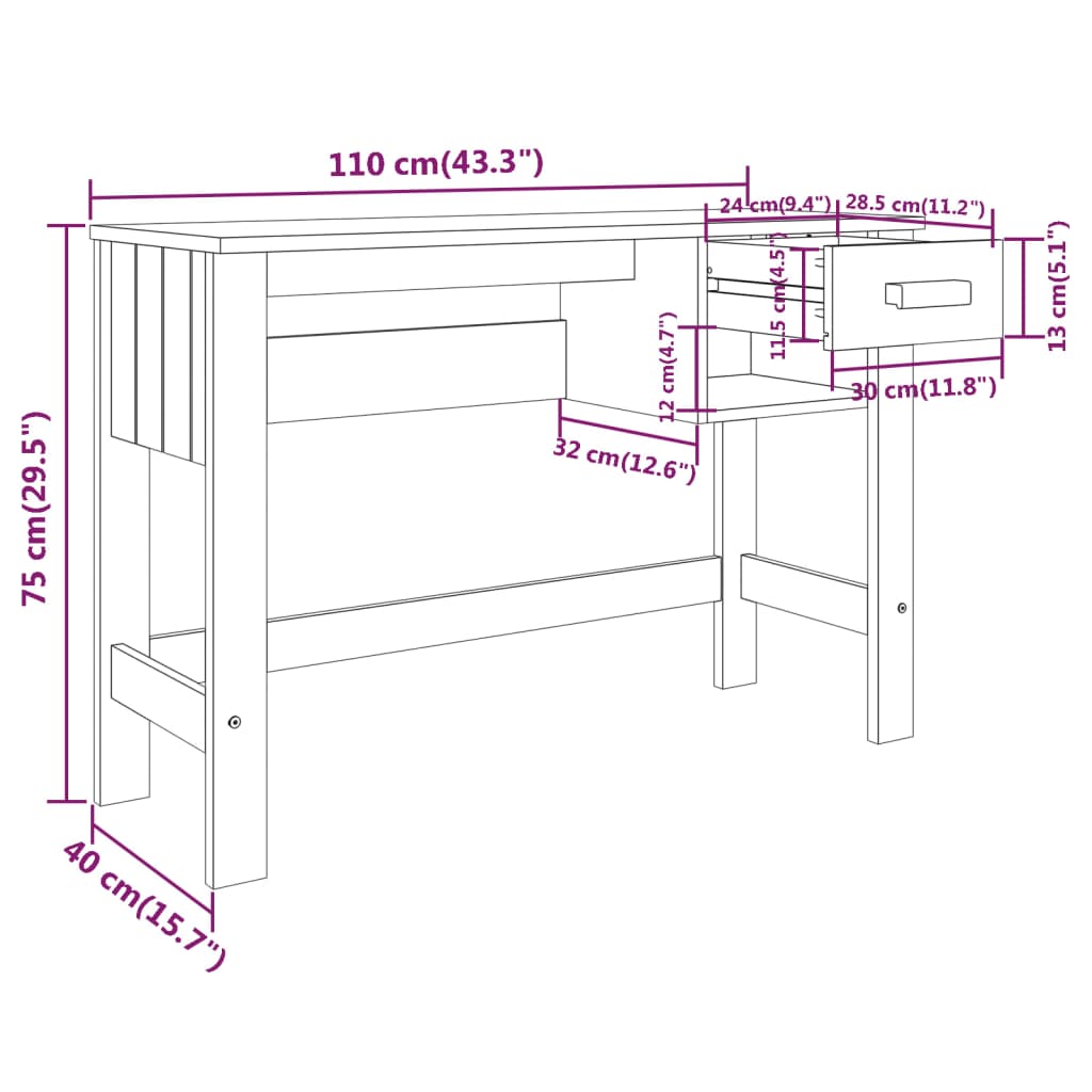 Birou „HAMAR”, alb, 110x40x75 cm, lemn masiv de pin - Lando