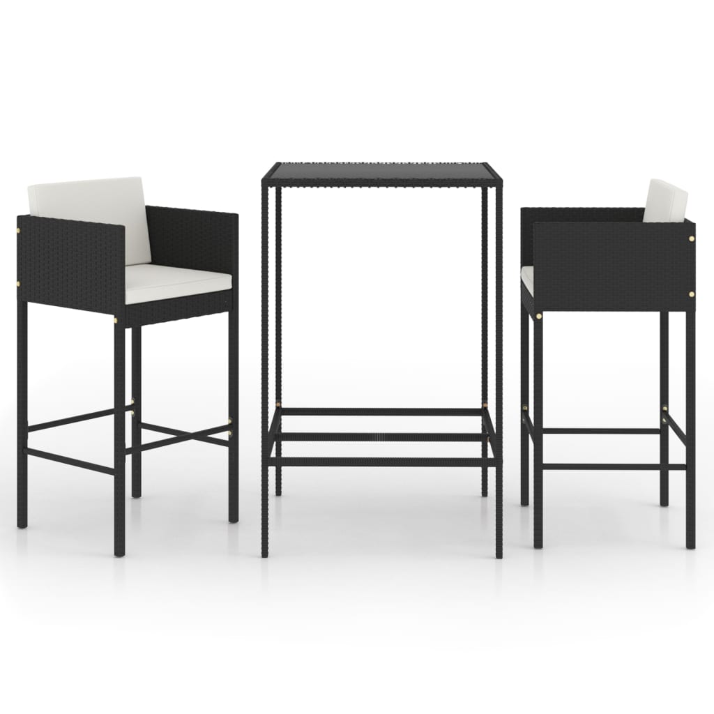 Set mobilier bar de grădină cu perne, 3 piese, negru, poliratan - Lando