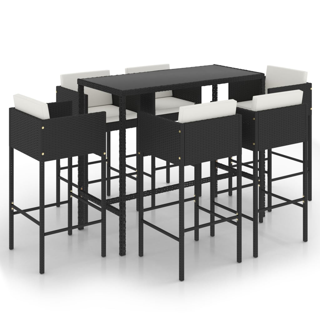 Set mobilier bar de grădină cu perne, 7 piese, negru, poliratan - Lando