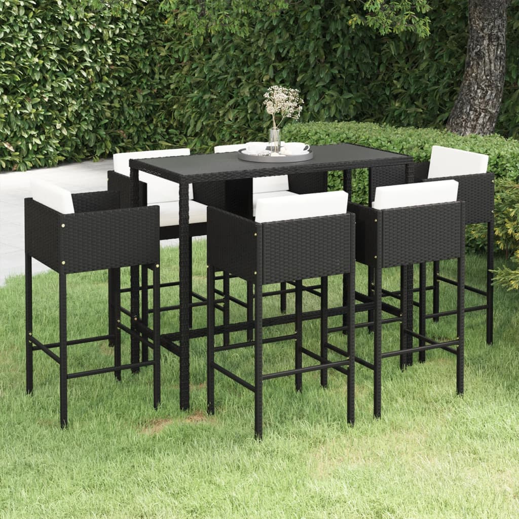 Set mobilier bar de grădină cu perne, 7 piese, negru, poliratan - Lando