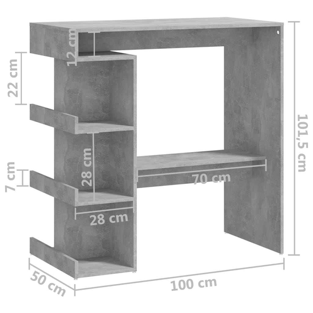 Masă bar cu raft de depozitare, gri beton, 100x50x101,5 cm, PAL - Lando