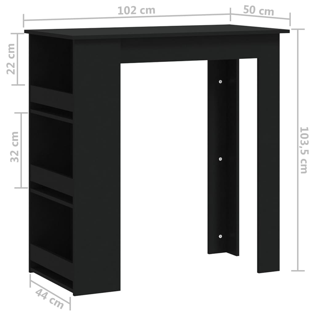 Masă de bar cu raft de depozitare, negru, 102x50x103,5 cm, PAL - Lando