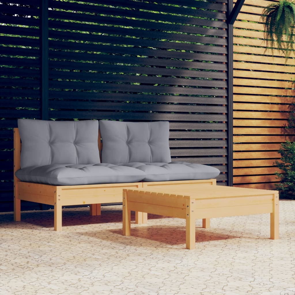 Set mobilier de grădină cu perne gri, 3 piese, lemn de pin - Lando