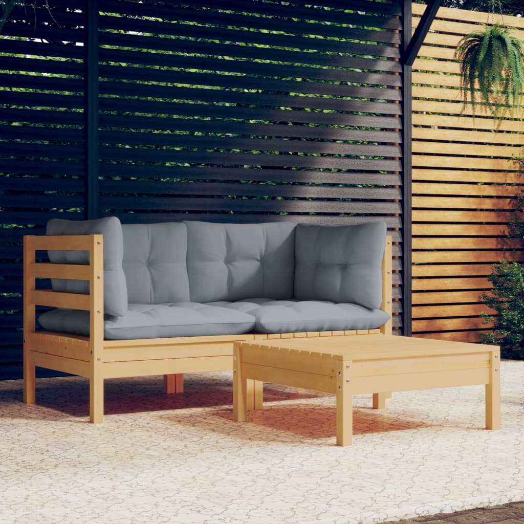 Set mobilier de grădină cu perne gri, 3 piese, lemn masiv pin - Lando