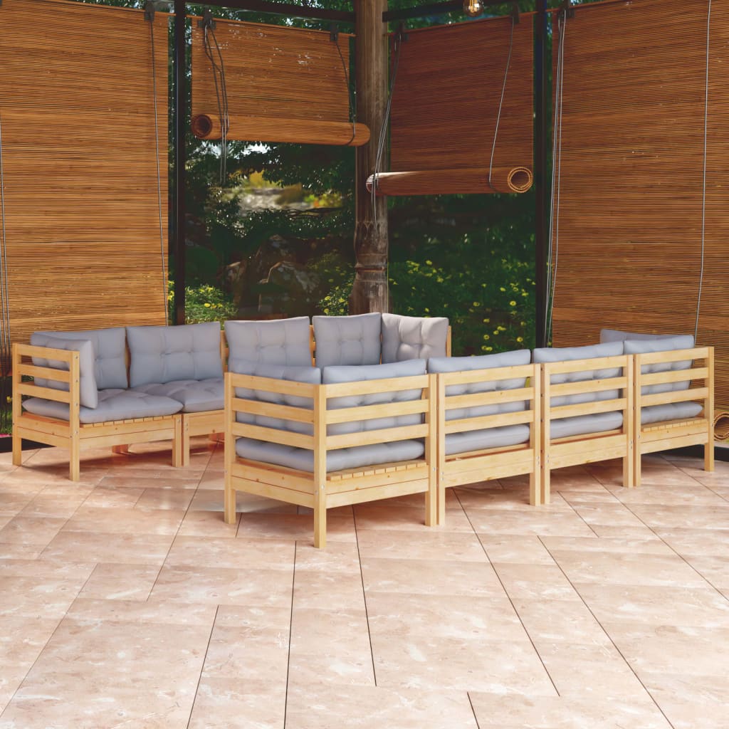 Set mobilier de grădină cu perne gri, 9 piese, lemn masiv pin - Lando