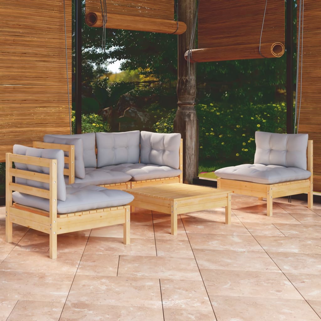 Set mobilier de grădină cu perne gri, 5 piese, lemn masiv pin - Lando