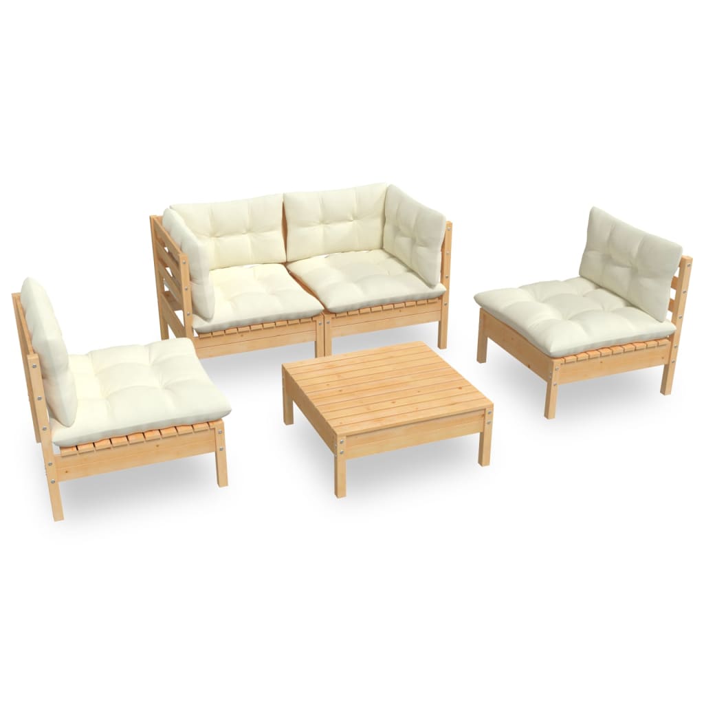 Set mobilier grădină cu perne, 5 piese, crem, lemn de pin - Lando