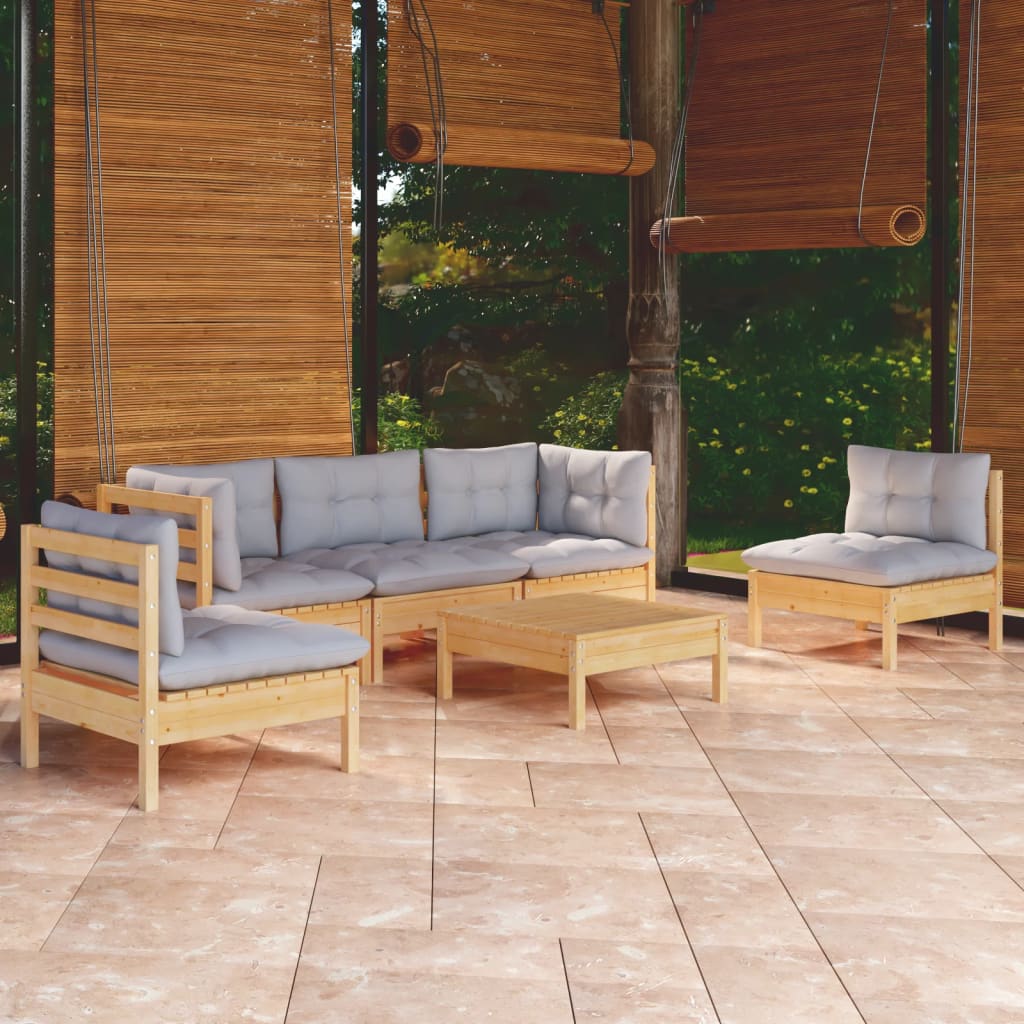 Set mobilier grădină cu perne gri, 6 piese, lemn de pin - Lando