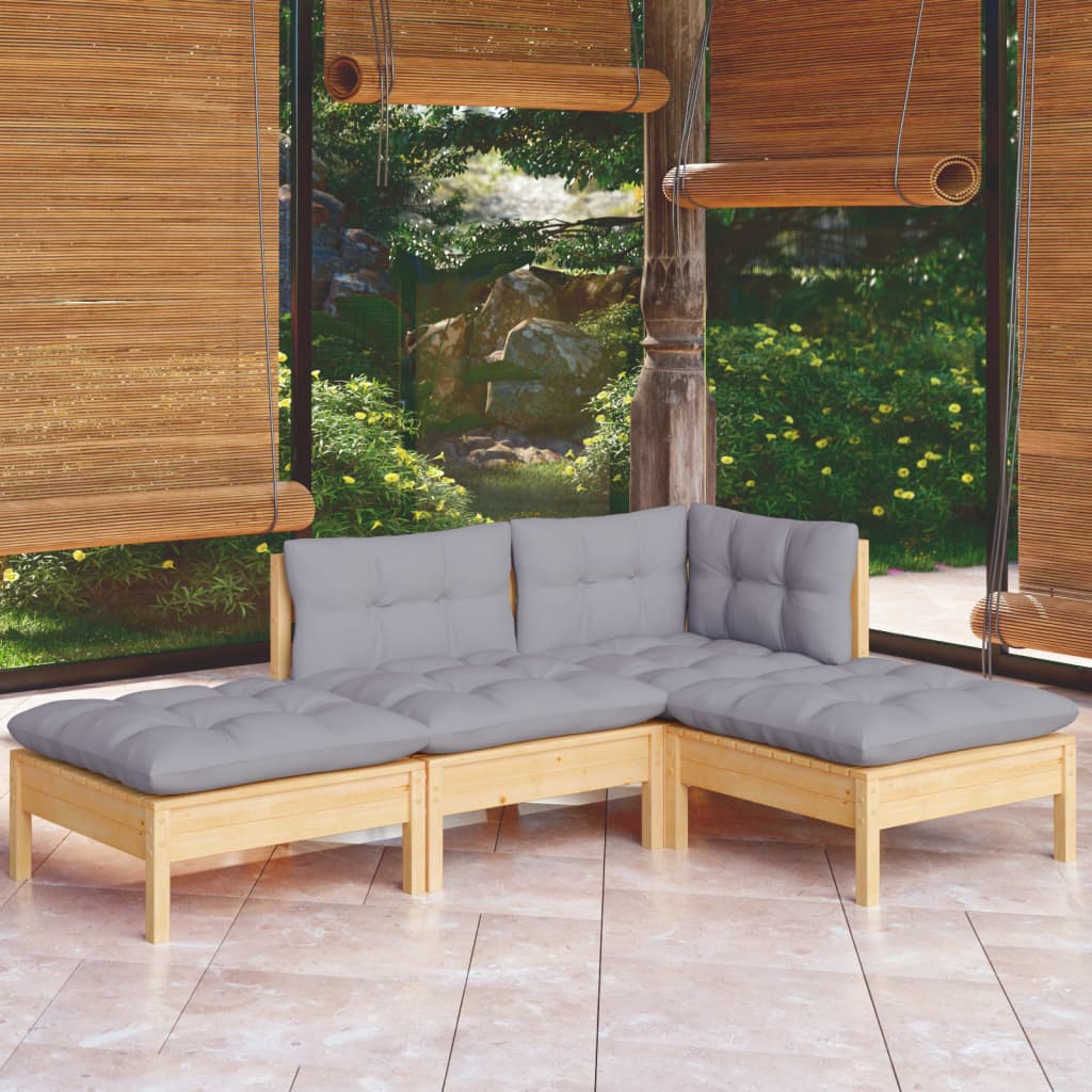 Set mobilier grădină cu perne gri, 4 piese, lemn masiv de pin - Lando