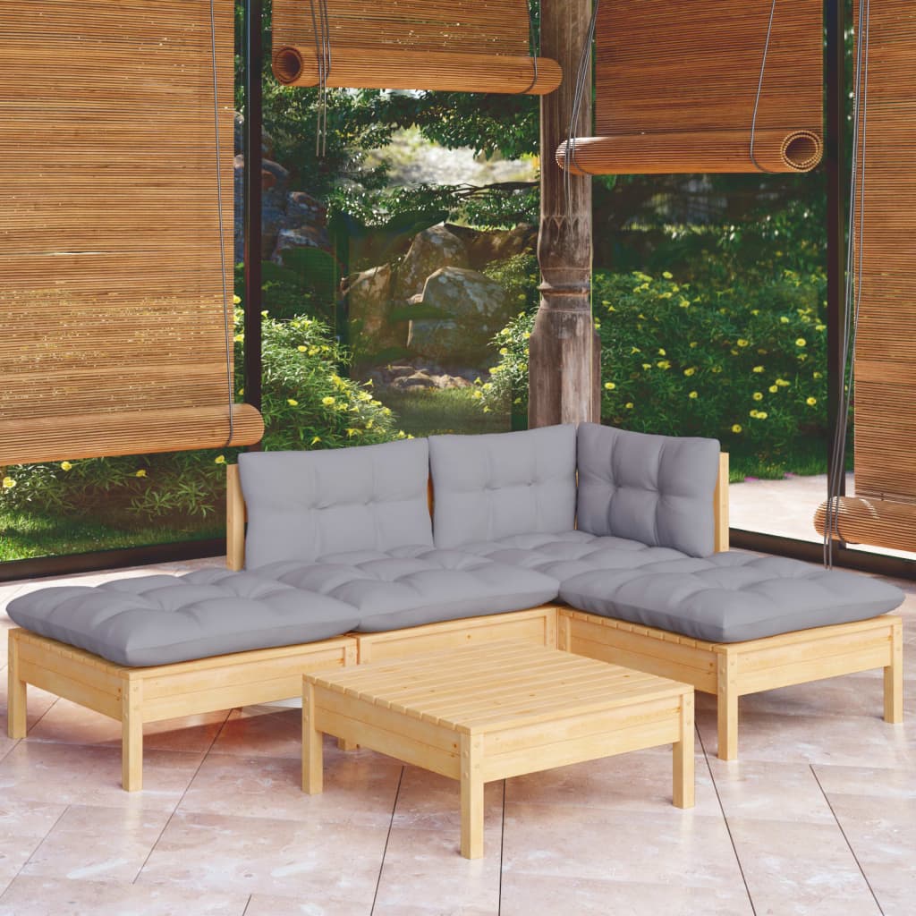 Set mobilier grădină cu perne gri, 5 piese, lemn masiv de pin - Lando