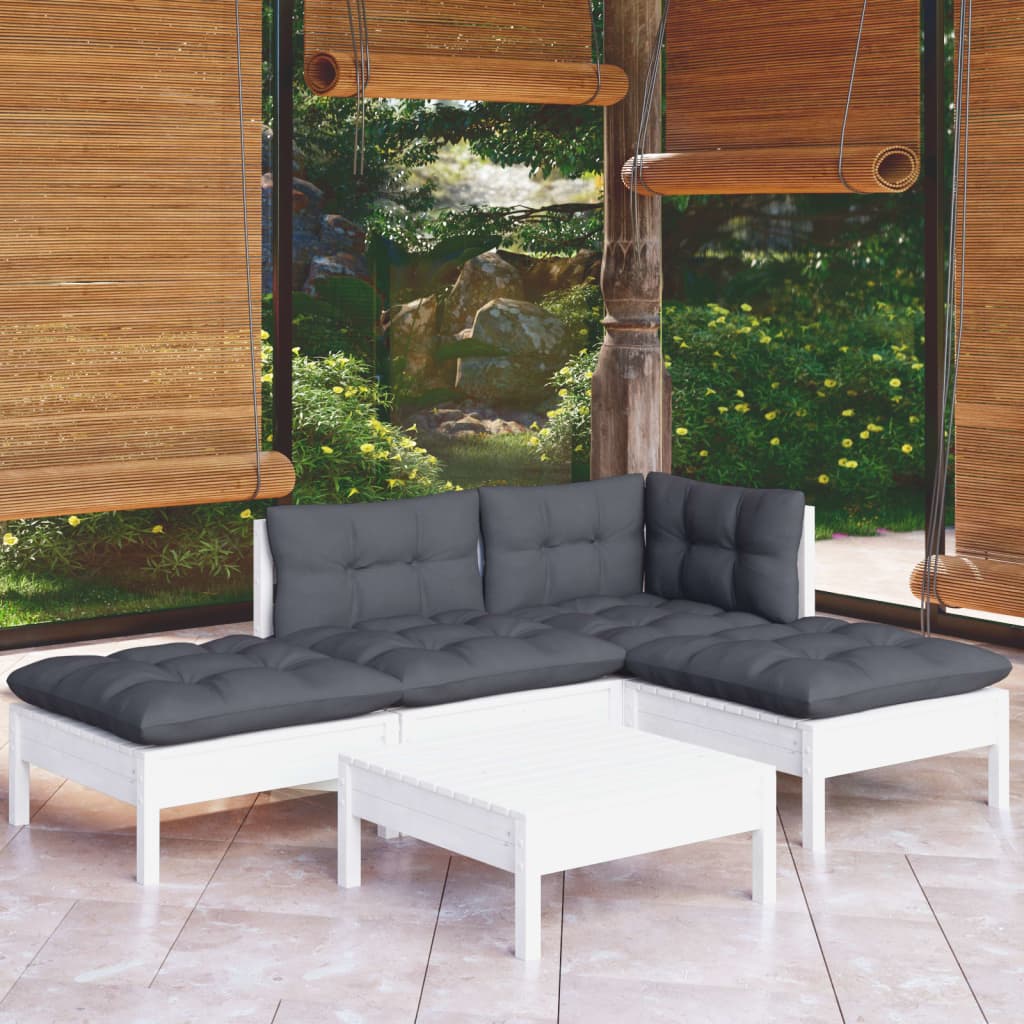 Set mobilier grădină cu perne, 5 piese, alb, lemn de pin - Lando
