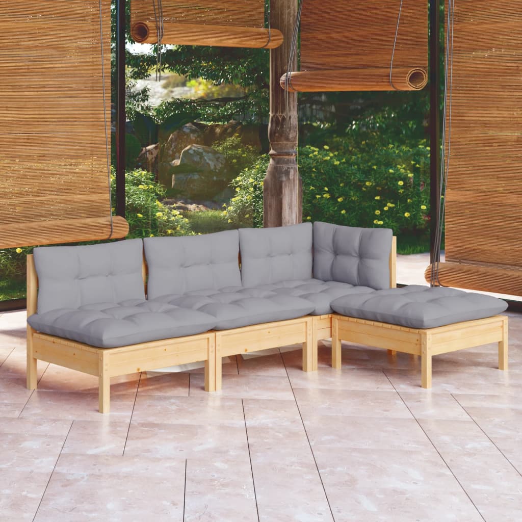 Set mobilier grădină cu perne, 4 piese, gri, lemn de pin - Lando