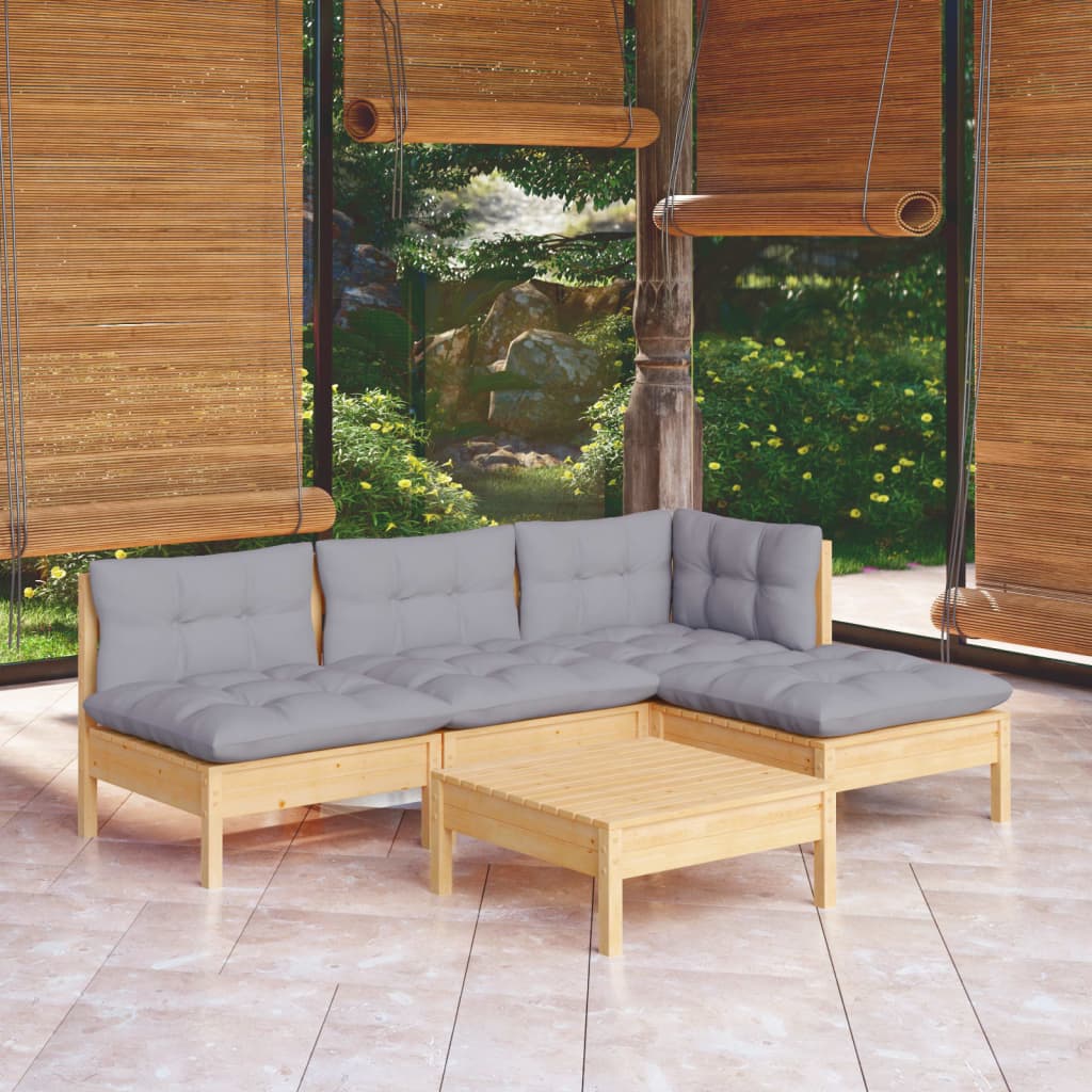 Set mobilier grădină cu perne gri, 5 piese, lemn masiv de pin - Lando