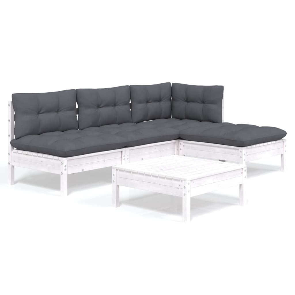 Set mobilier grădină cu perne, 5 piese, alb, lemn de pin - Lando