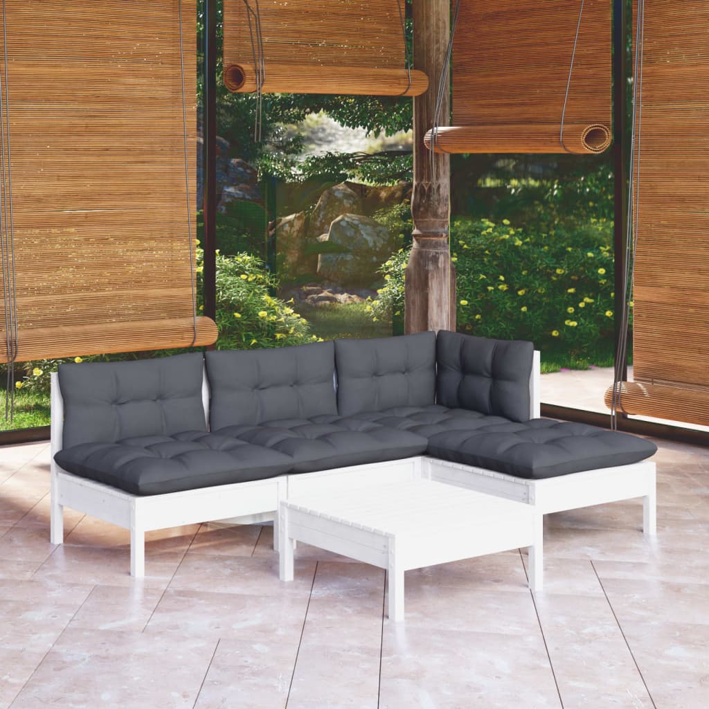 Set mobilier grădină cu perne, 5 piese, alb, lemn de pin - Lando