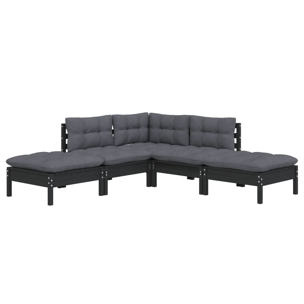 Set mobilier grădină cu perne, 5 piese, negru, lemn de pin - Lando