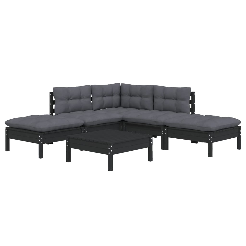 Set mobilier de grădină cu perne, 6 piese, negru, lemn de pin - Lando