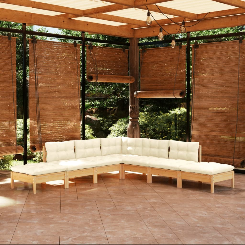 Set mobilier grădină cu perne crem, 7 piese, lemn de pin - Lando