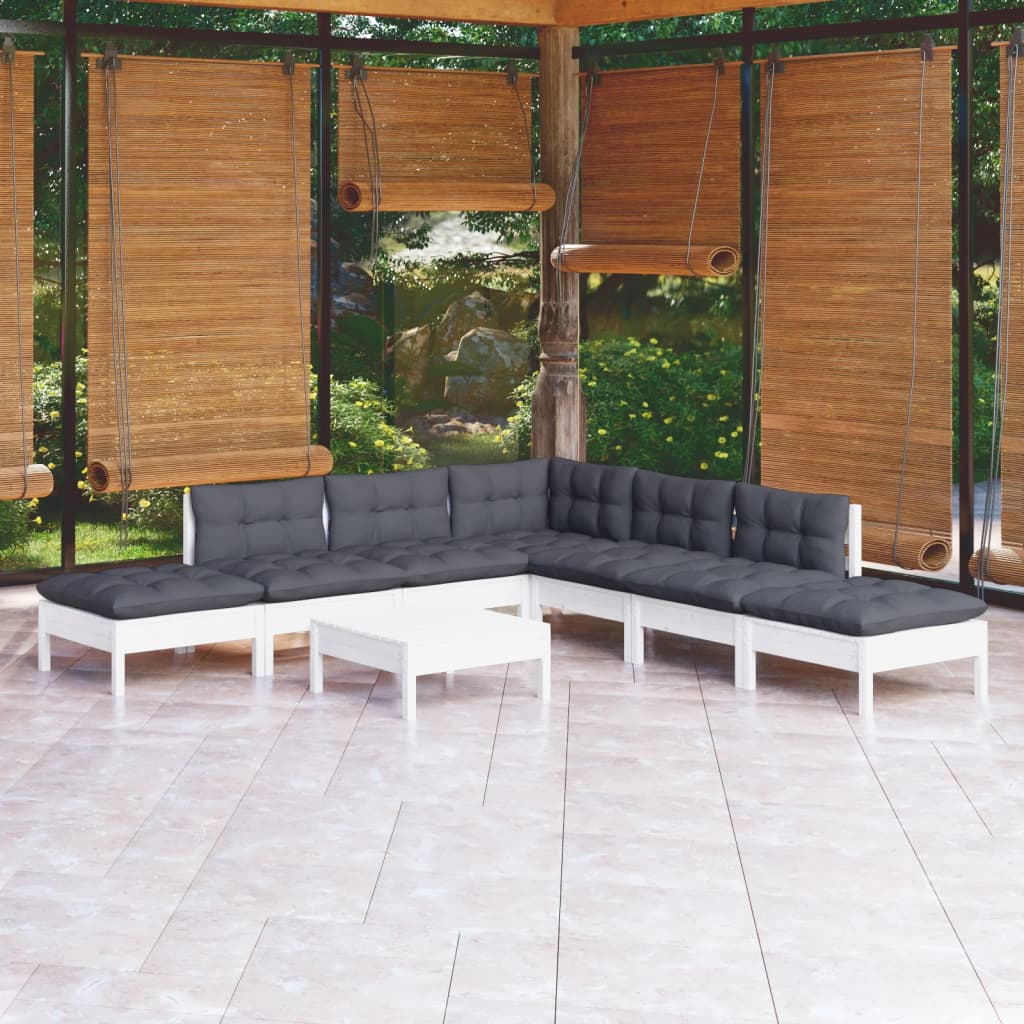 Set mobilier de grădină cu perne, 8 piese, alb, lemn de pin - Lando