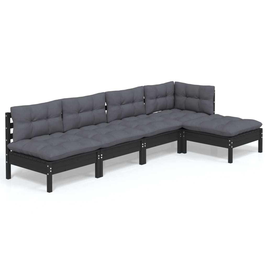 Set mobilier grădină cu perne, 5 piese, negru, lemn de pin - Lando