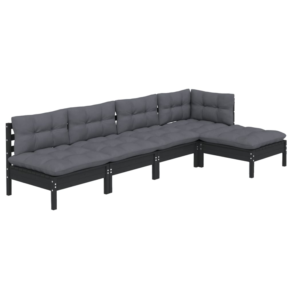 Set mobilier grădină cu perne, 5 piese, negru, lemn de pin - Lando