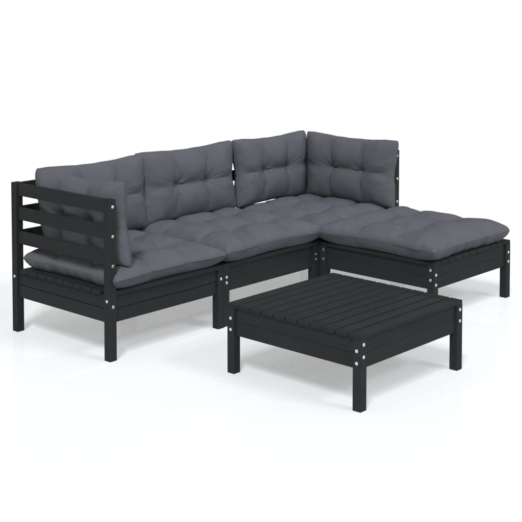 Set mobilier grădină cu perne, 5 piese, negru, lemn de pin - Lando