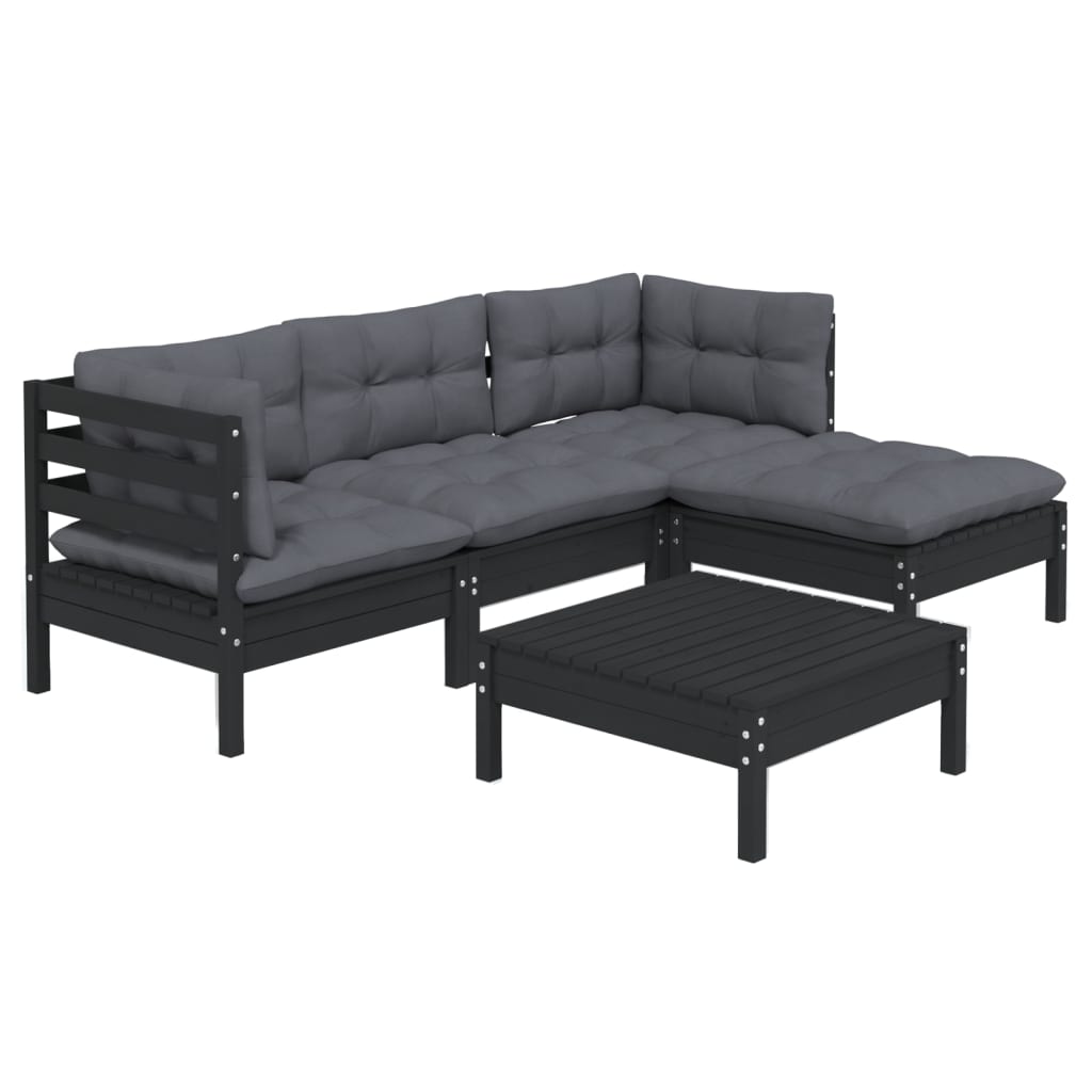 Set mobilier grădină cu perne, 5 piese, negru, lemn de pin - Lando