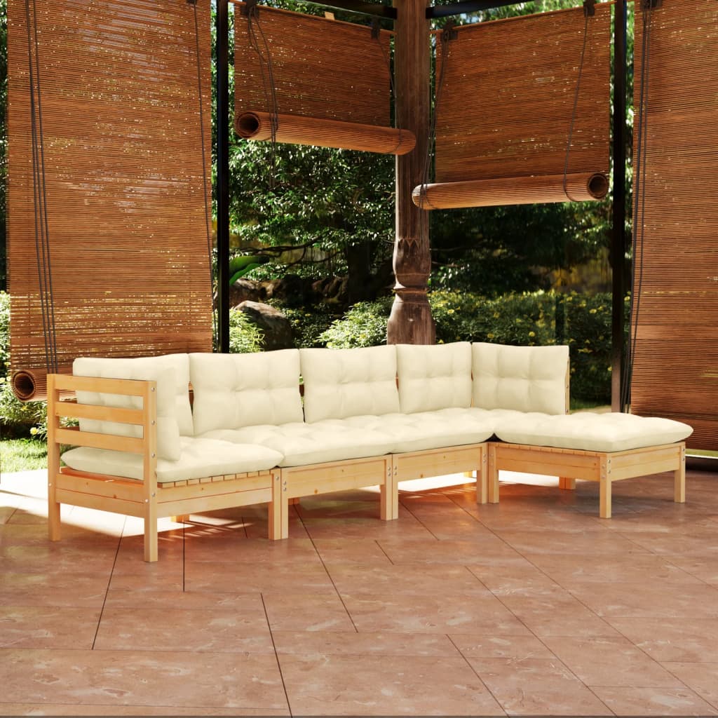 Set mobilier grădină cu perne crem, 5 piese, lemn de pin - Lando