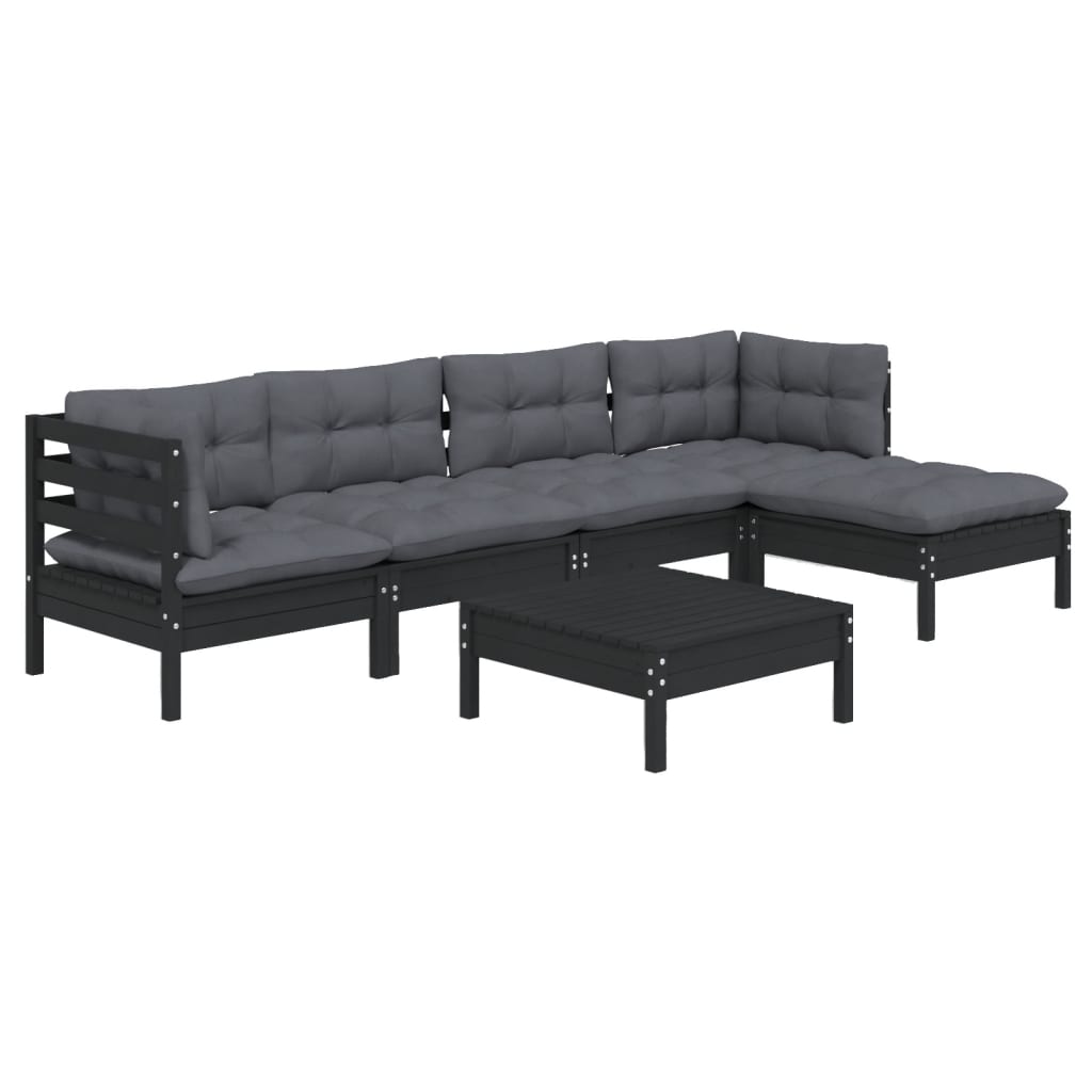 Set mobilier grădină cu perne, 6 piese, negru, lemn de pin - Lando