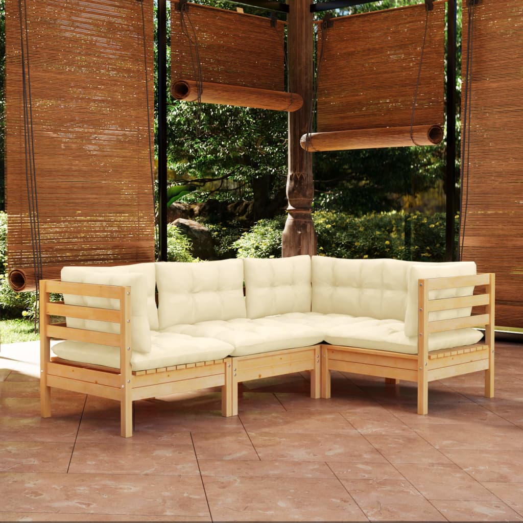 Set mobilier grădină cu perne crem, 4 piese, lemn de pin - Lando