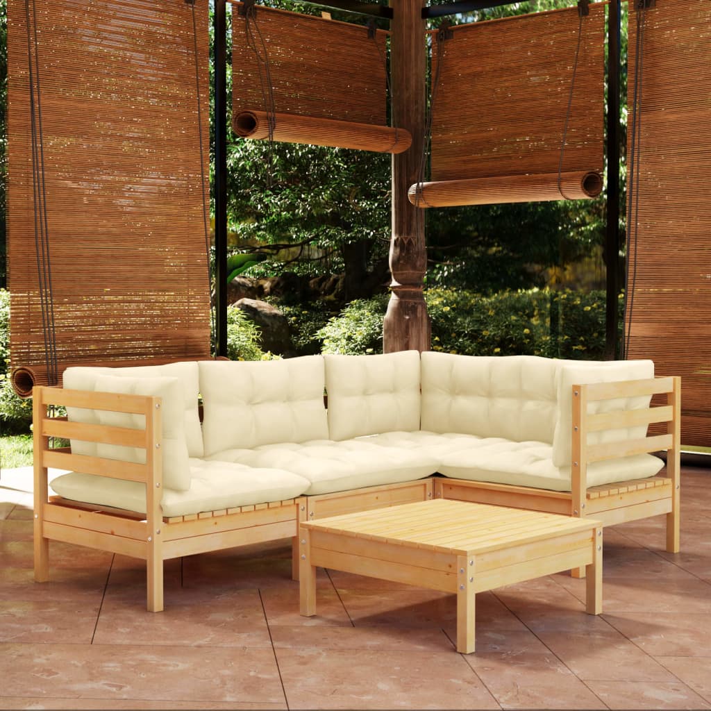 Set mobilier grădină cu perne crem, 5 piese, lemn de pin - Lando