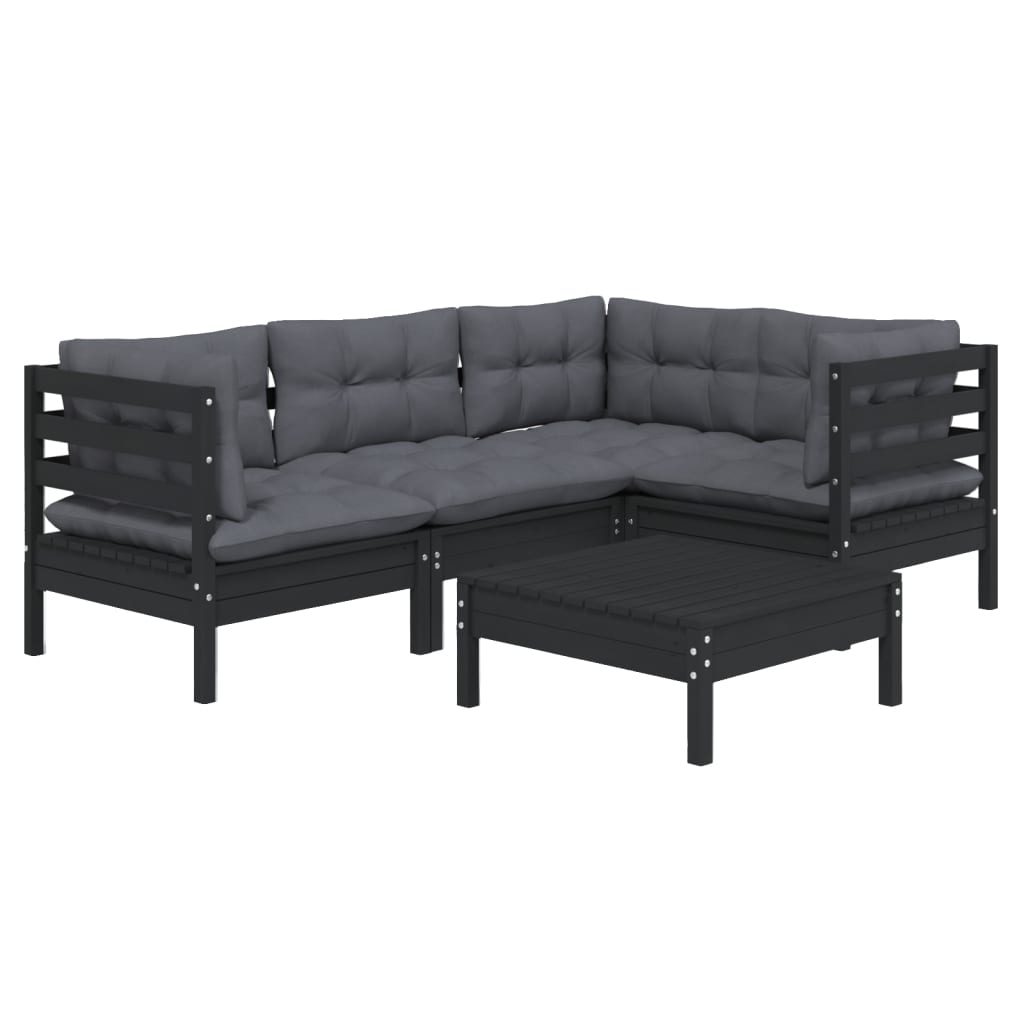 Set mobilier grădină cu perne, 5 piese, negru, lemn de pin - Lando