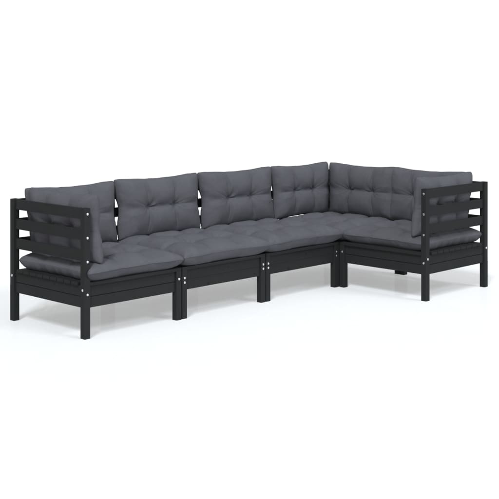 Set mobilier grădină cu perne, 5 piese, negru, lemn de pin - Lando