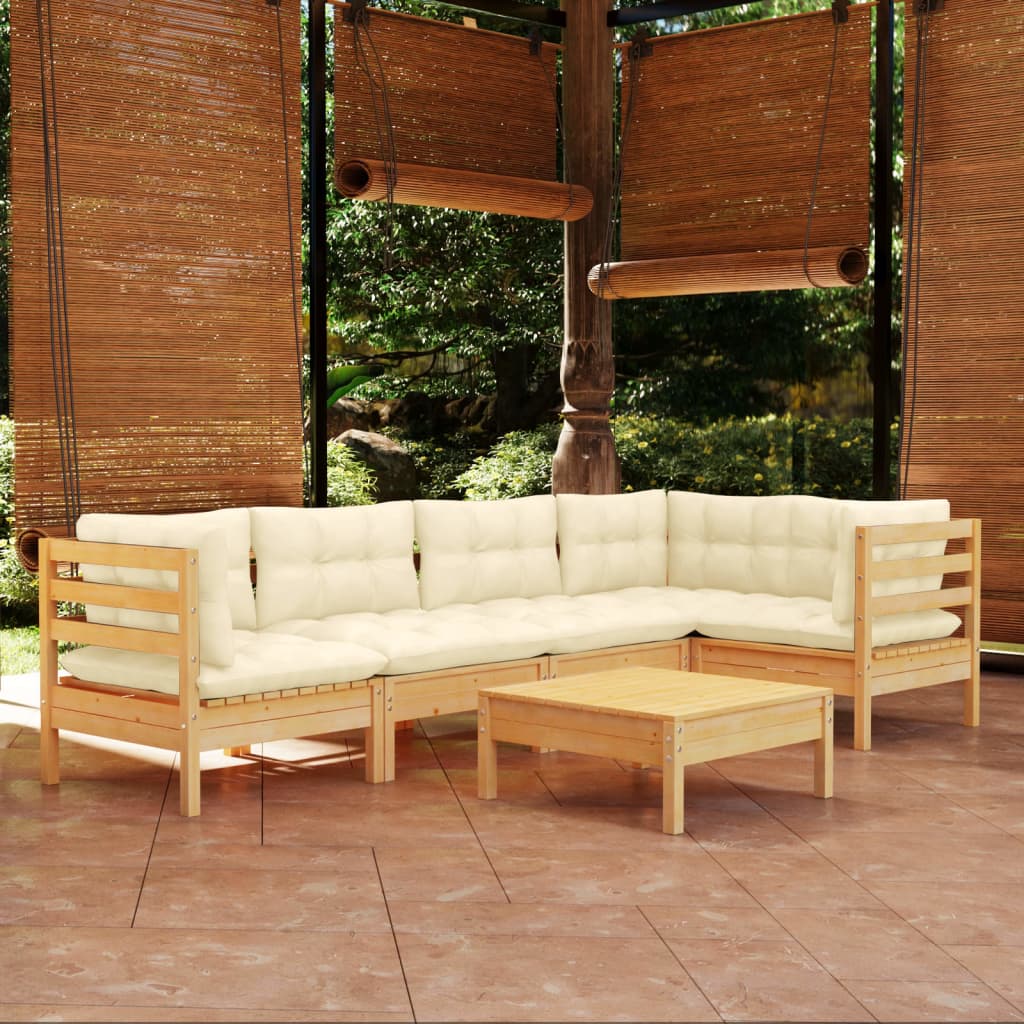 Set mobilier grădină cu perne crem, 6 piese, lemn de pin - Lando