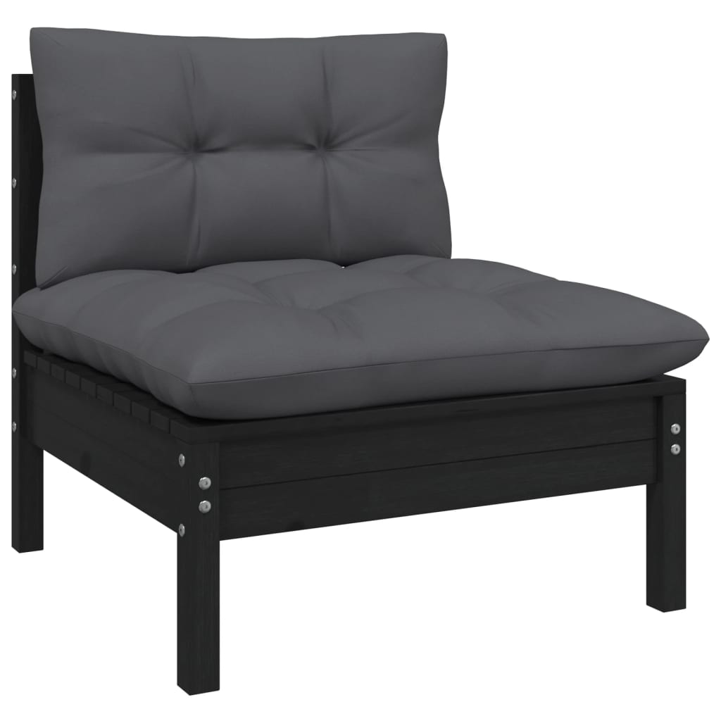 Set mobilier de grădină cu perne, 6 piese, negru, lemn de pin - Lando