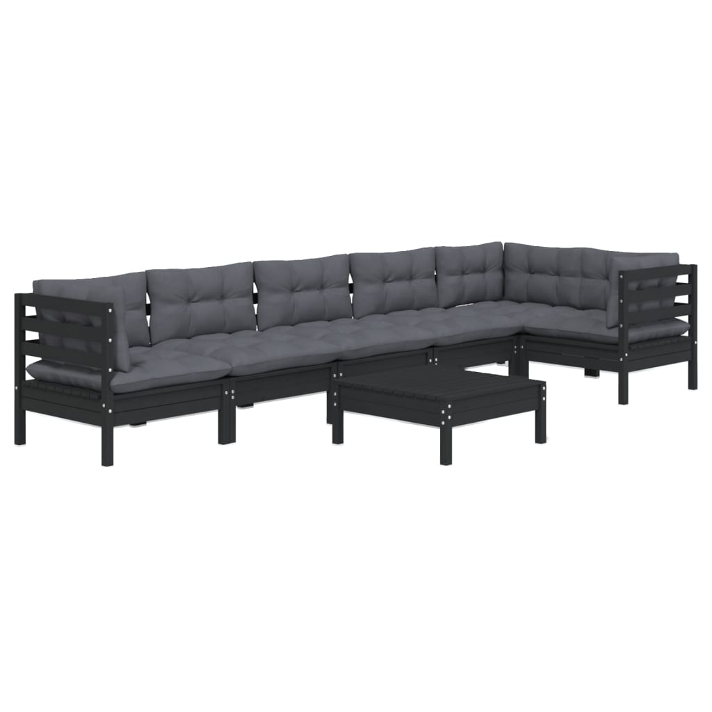 Set mobilier grădină cu perne, 7 piese, negru, lemn de pin - Lando