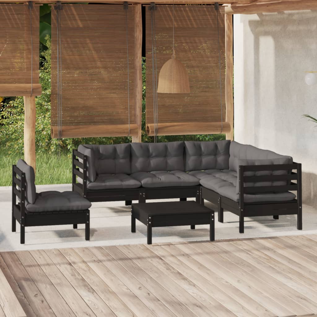 Set mobilier grădină cu perne, 6 piese, negru, lemn de pin - Lando