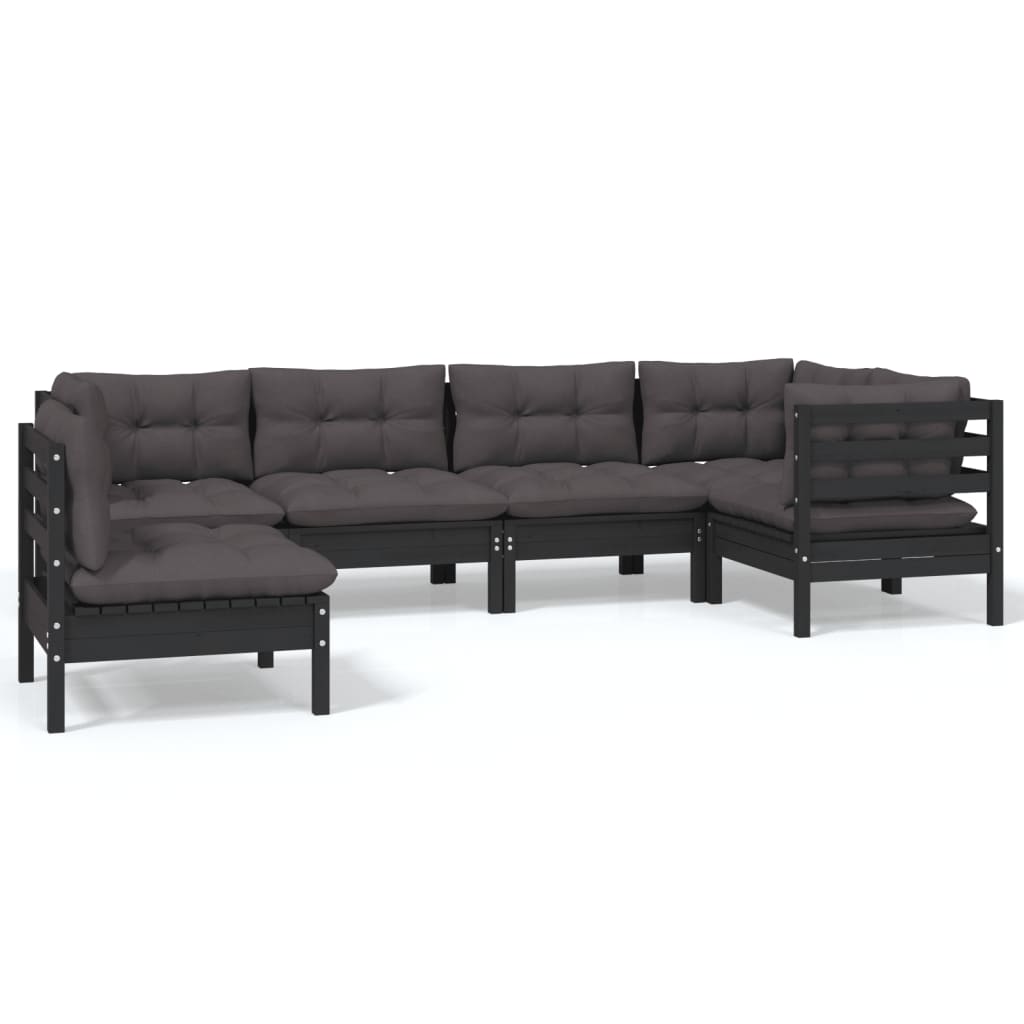 Set mobilier de grădină cu perne, 6 piese, negru, lemn de pin - Lando