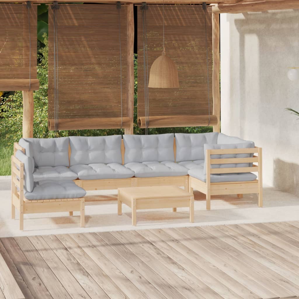 Set mobilier grădină cu perne gri, 7 piese, lemn masiv de pin - Lando