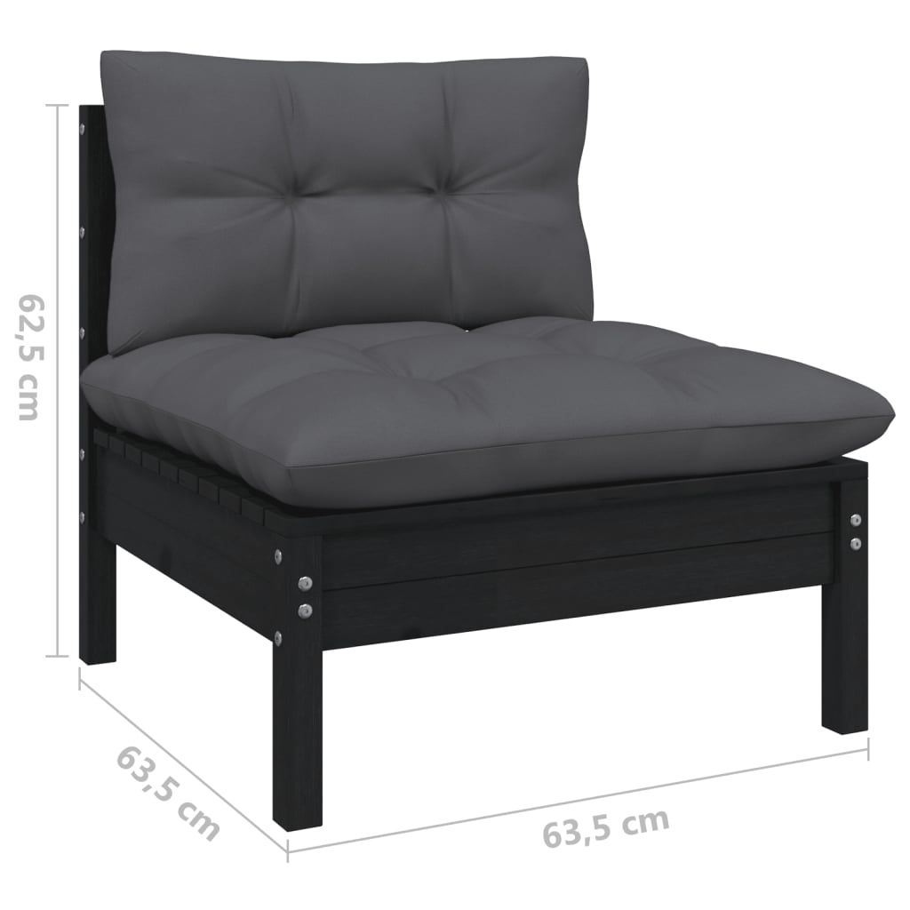 Set mobilier grădină cu perne, 7 piese, negru, lemn de pin - Lando