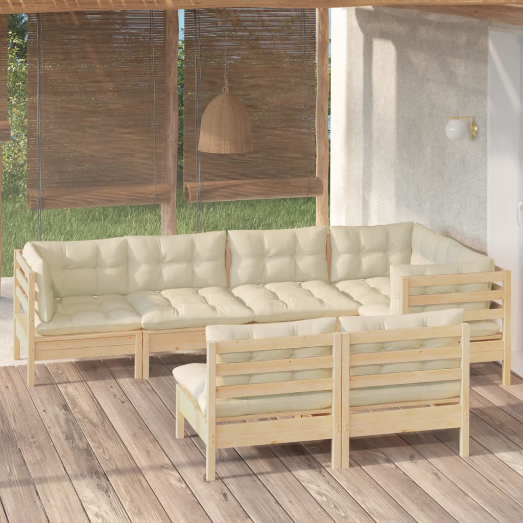 Set mobilier grădină cu perne crem, 7 piese, lemn masiv pin - Lando