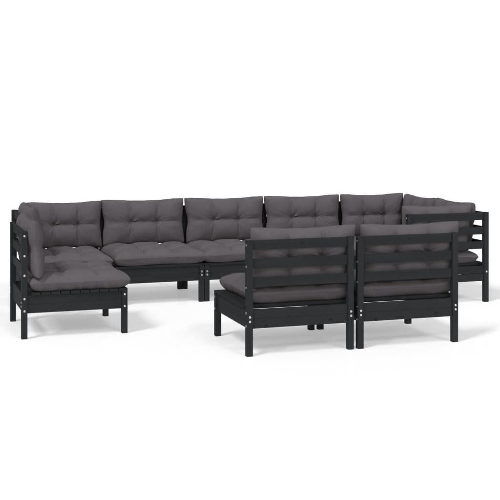 Set mobilier grădină cu perne, 9 piese, negru, lemn masiv pin - Lando